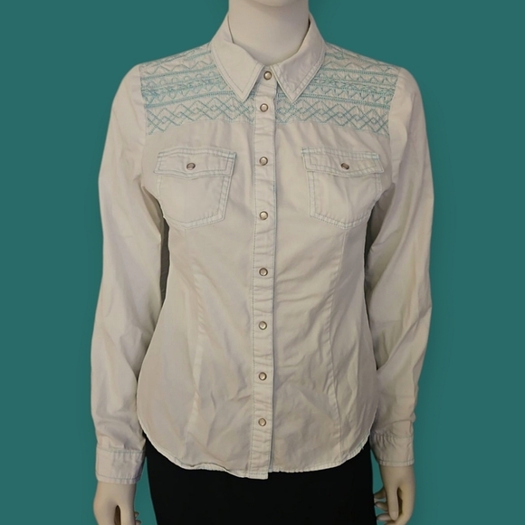 Vtg BONGO Western White Embroidered Long Sleeve Rodeo Snap Top - Picture 1 of 8